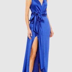 Mac Duggal Blue sleeveless Self Tie Draped Gown w/ Train